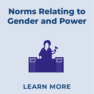 Dark blue text that reads 'Norms relating to Gender and Power' on a light lavender backround, with a solid dark blue silouette of a figure standing at a desk with columns carved into it, wearing judge's robes, and holding up a gavel. The figure has medium-short, dark curly hair with lots of volume, and they present themselves as femme or gender fluid. They look strong, powerful, and dignified. Below is text that reads Learn More in dark blue.